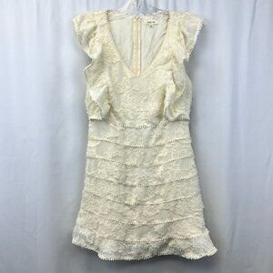 Just Me Women A Line Dress Cream Textured Lined Mini V Neck Cap Flutter Sleeve M
